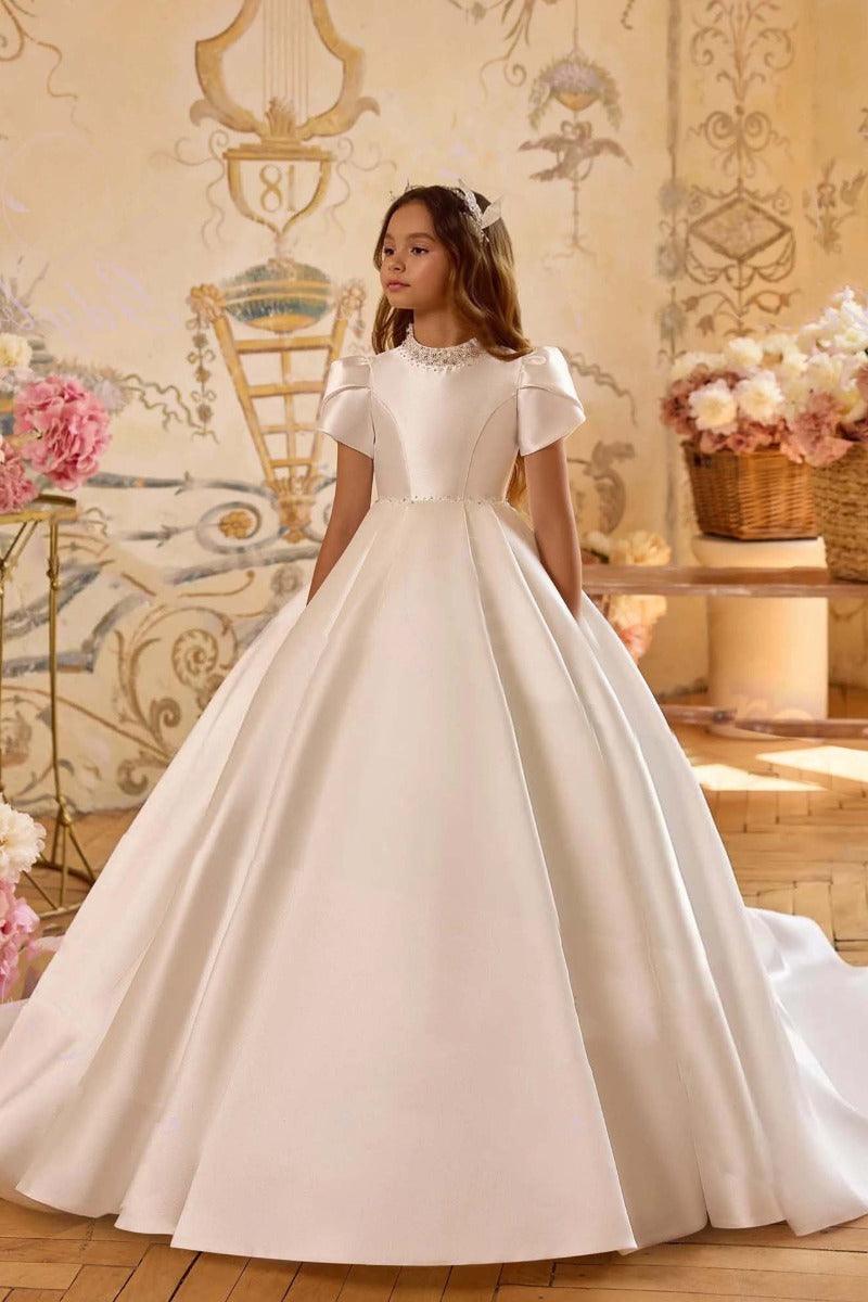 Beaded High Neck Satin Puff Sleeve Flower Girl Dresses 1024972137629 - 10 Days / White / 2 - COCOMELODY