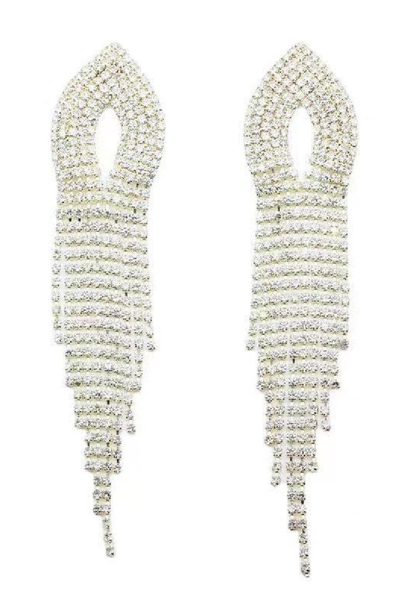 Design sense rhinestone long tassel drop earrings stud ear clips 731781713062 - COCOMELODY