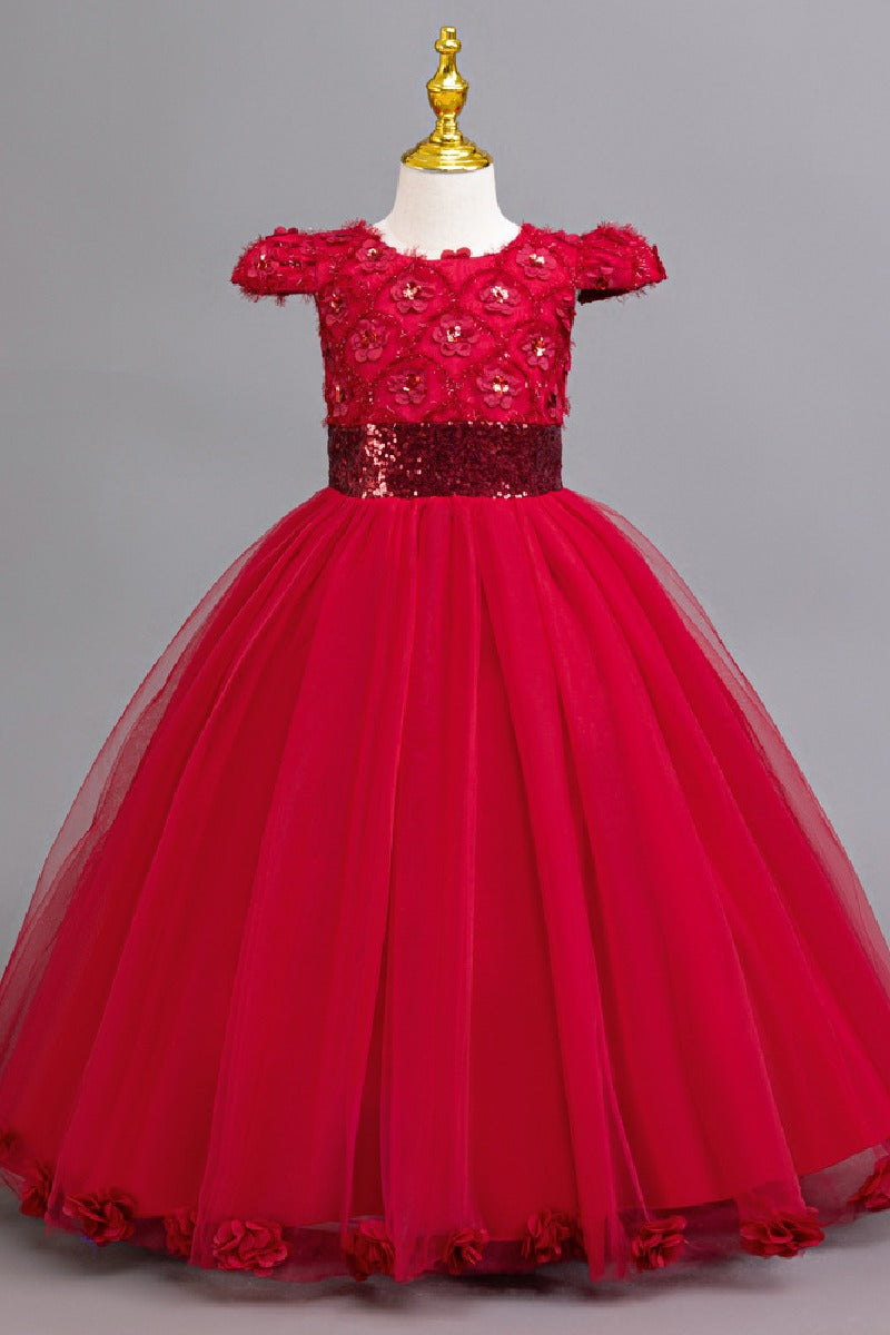 A-Line Cap Sleeve Floor Length Tulle Lace Flower Girl Dresses 1029258786044