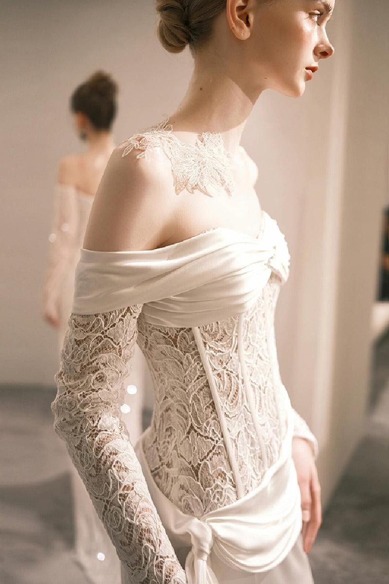 Sheath-Column Court Train Lace Satin Wedding Dress 818657898360 - COCOMELODY