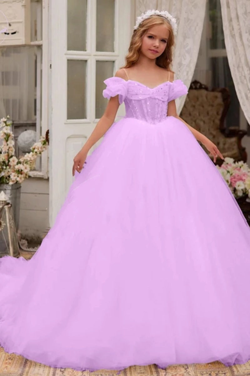 Off-Shoulder Puff Sleeve Corset Tulle Flower Girl Dresses 788863068858