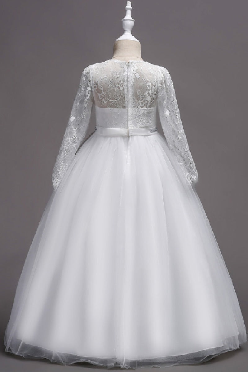 A-Line Illusion Heart Long Sleeve Tulle Floor Length Flower Girl Dresses 1060678890781