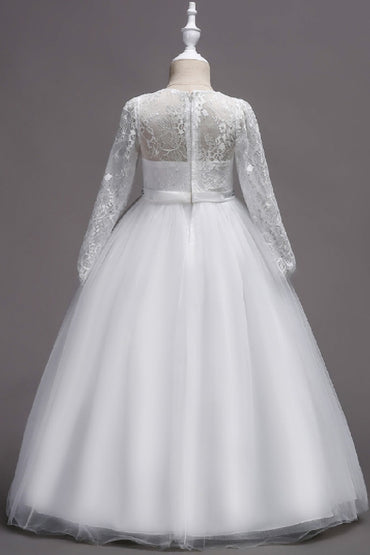 A-Line Illusion Heart Long Sleeve Tulle Floor Length Flower Girl Dresses 1060678890781