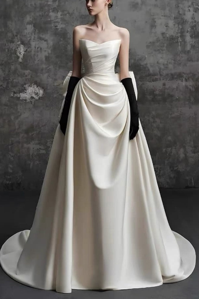 A-Line Sweep-Brush Train Satin Wedding Dress 814546469493