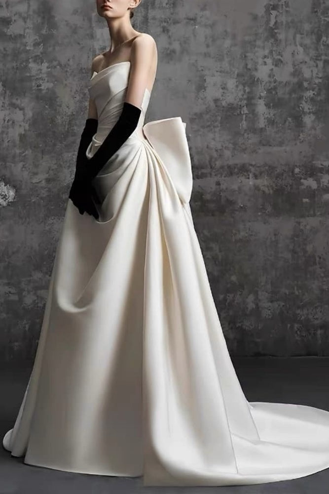 A-Line Sweep-Brush Train Satin Wedding Dress 814546469493