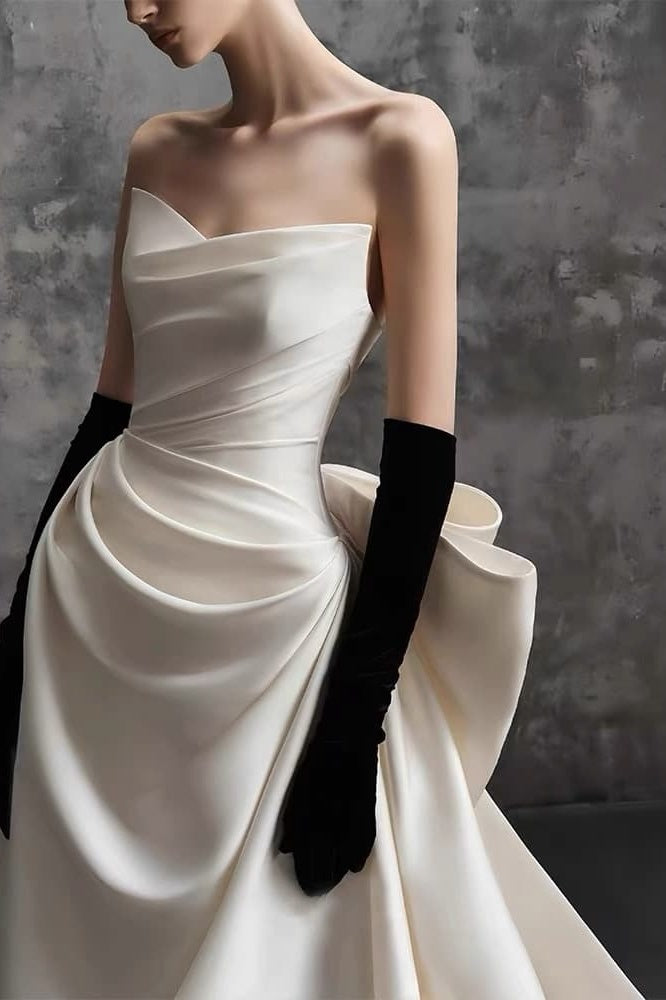 A-Line Sweep-Brush Train Satin Wedding Dress 814546469493