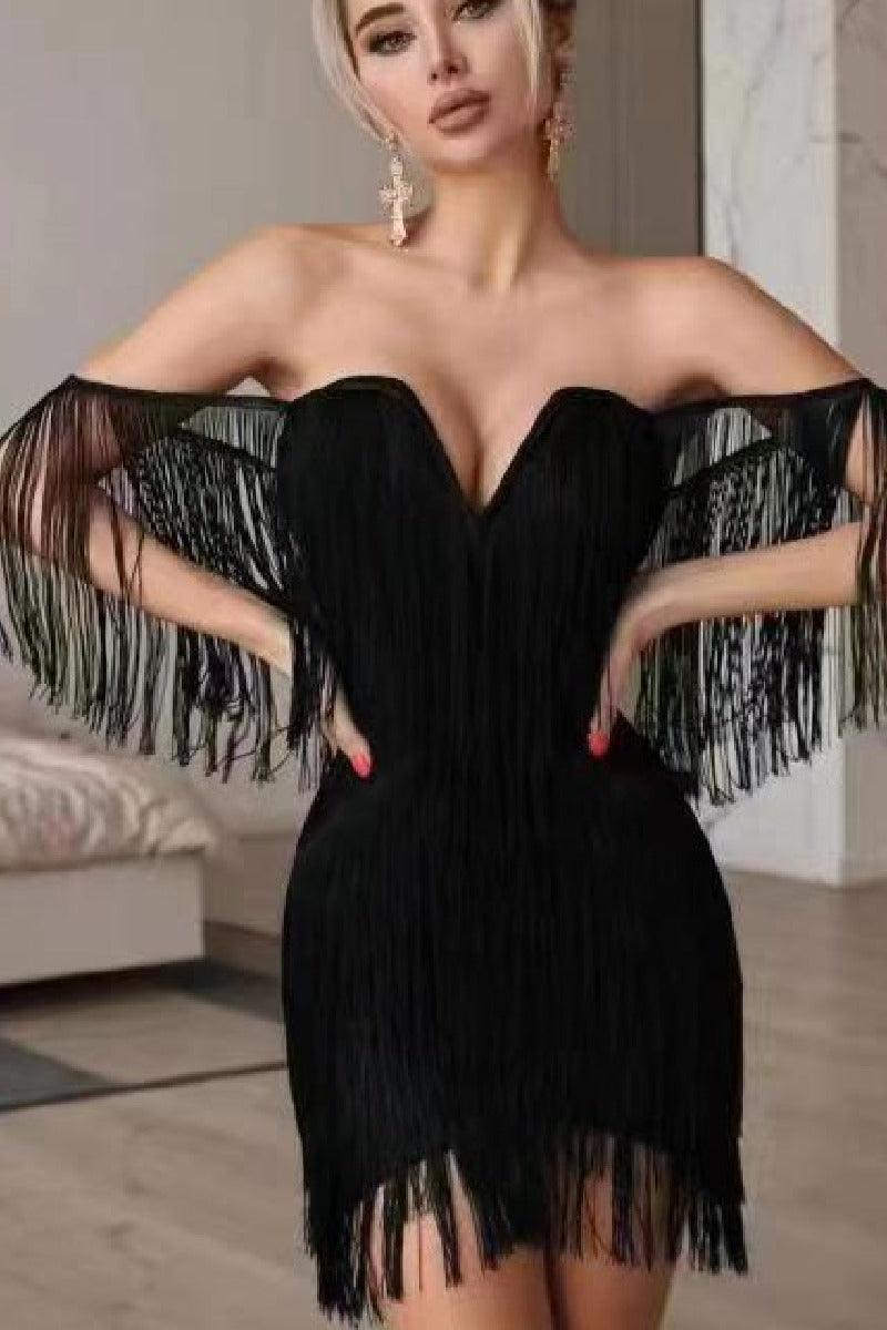 Black bandage dress with shoulder fringe V lead party dress 833532591051 - COCOMELODY