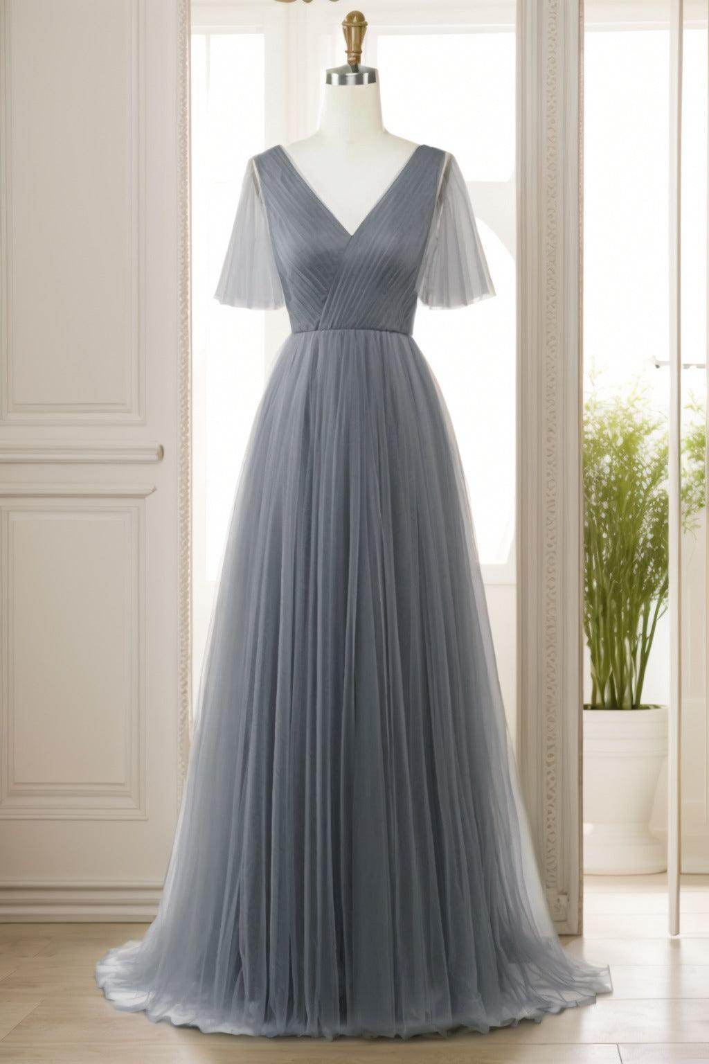 A-Line Sweep-Brush Train Tulle Prom Dress CS0472 - COCOMELODY
