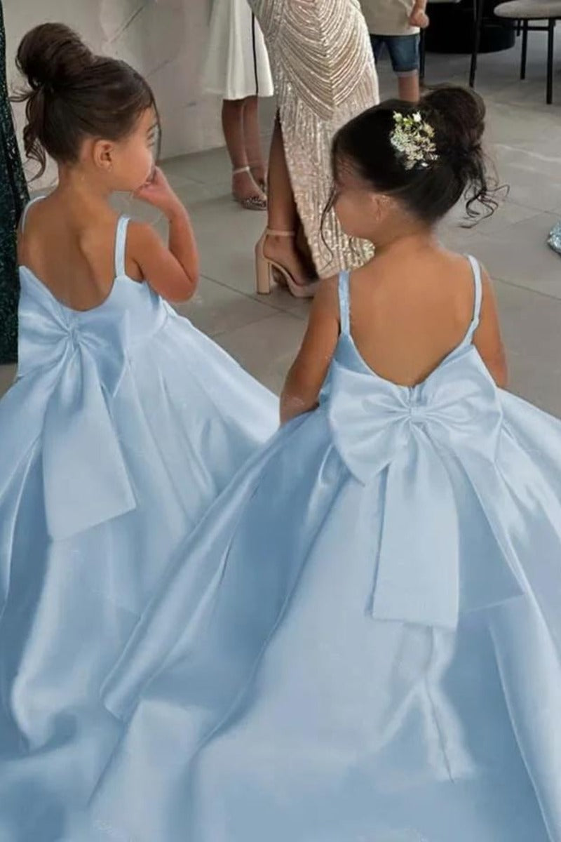 Elegant Satin Spaghetti Straps Back Big Bow Flower Girl Dresses 943918273899