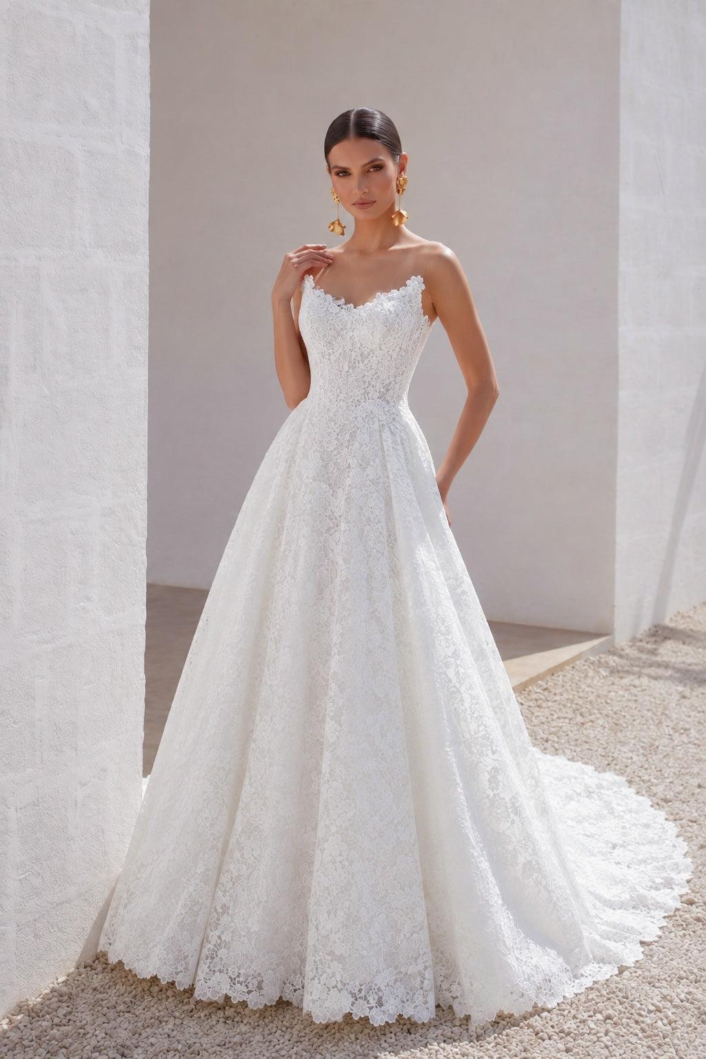 A-Line Sweep-Brush Train Lace Wedding Dress 828423890551 - 7 Days / Ivory / US0-UK2-EUR30 - COCOMELODY