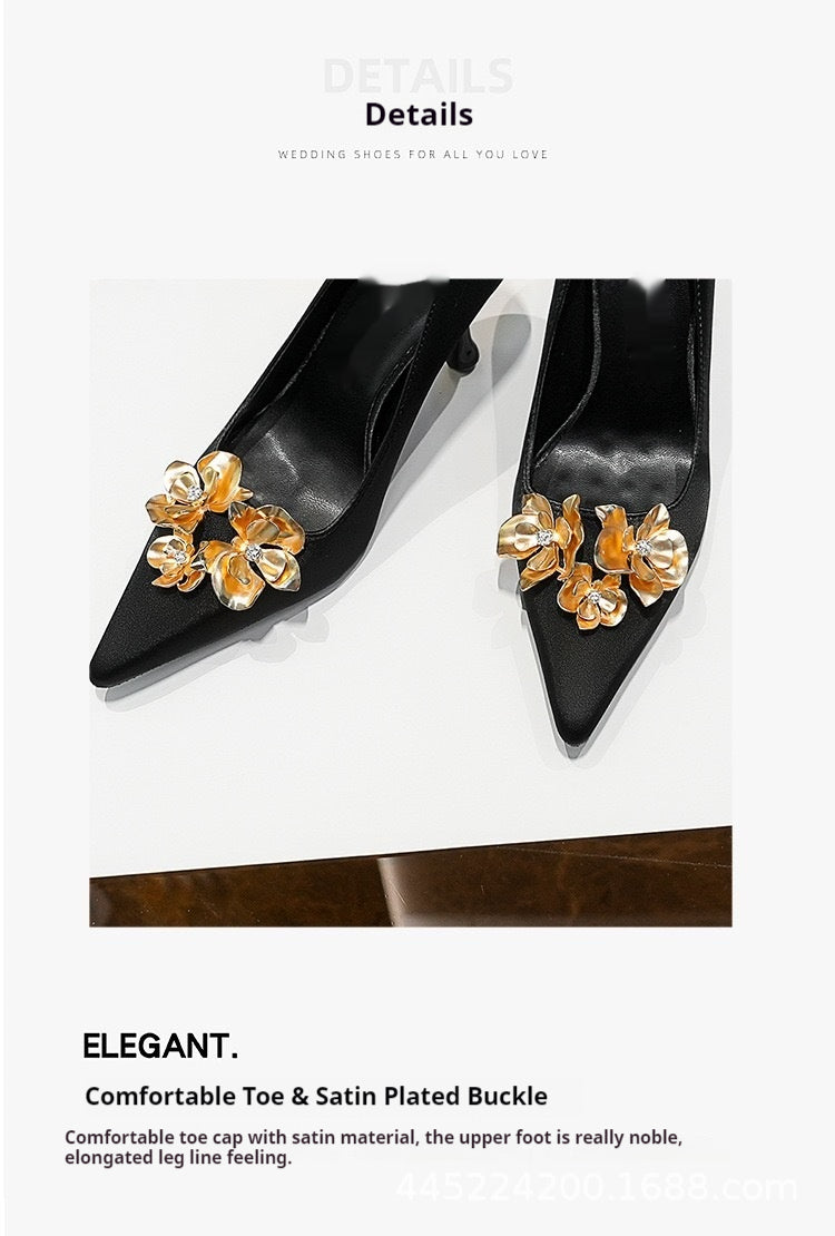 3D Flowers black Satin Pointy Stiletto Heels 769556407493 - COCOMELODY