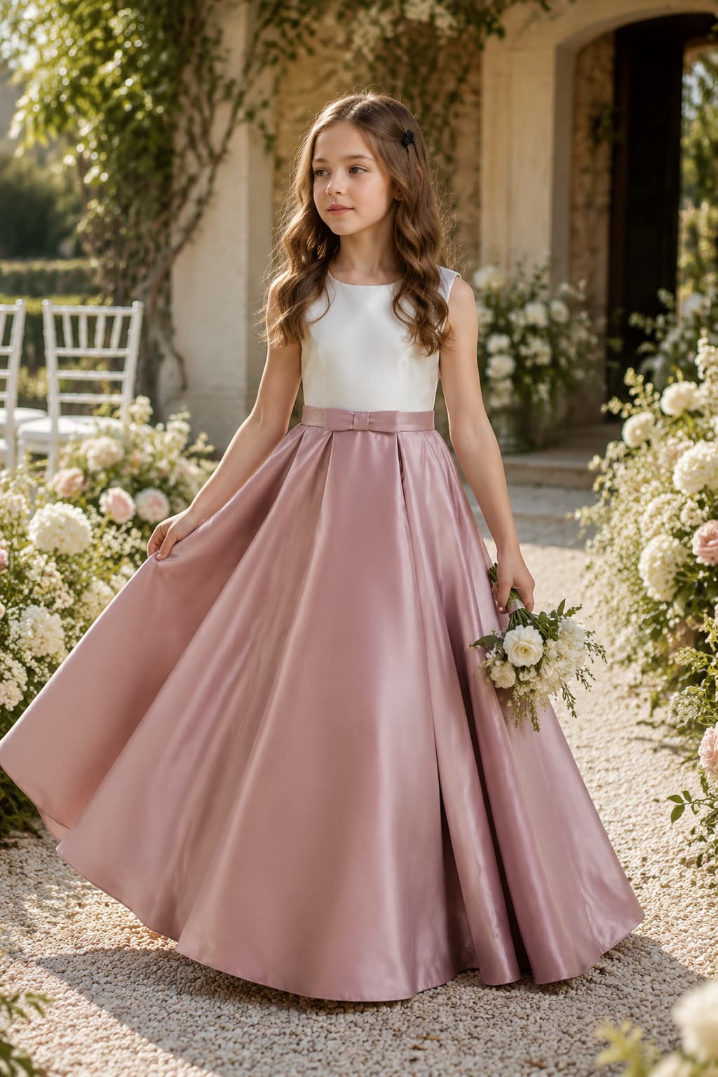 Flower Girl Dresses Satin V-Back Bow Straps Floor Length Wedding Gown 1058875849330