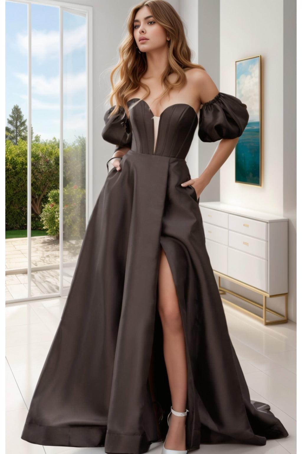 A-Line Sweep-Brush Train Satin Prom Dress CS0448 - COCOMELODY
