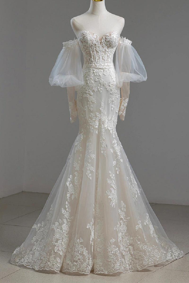 Trumpet-Mermaid Sweep-Brush Train Lace Tulle Wedding Dress795300012049 - COCOMELODY