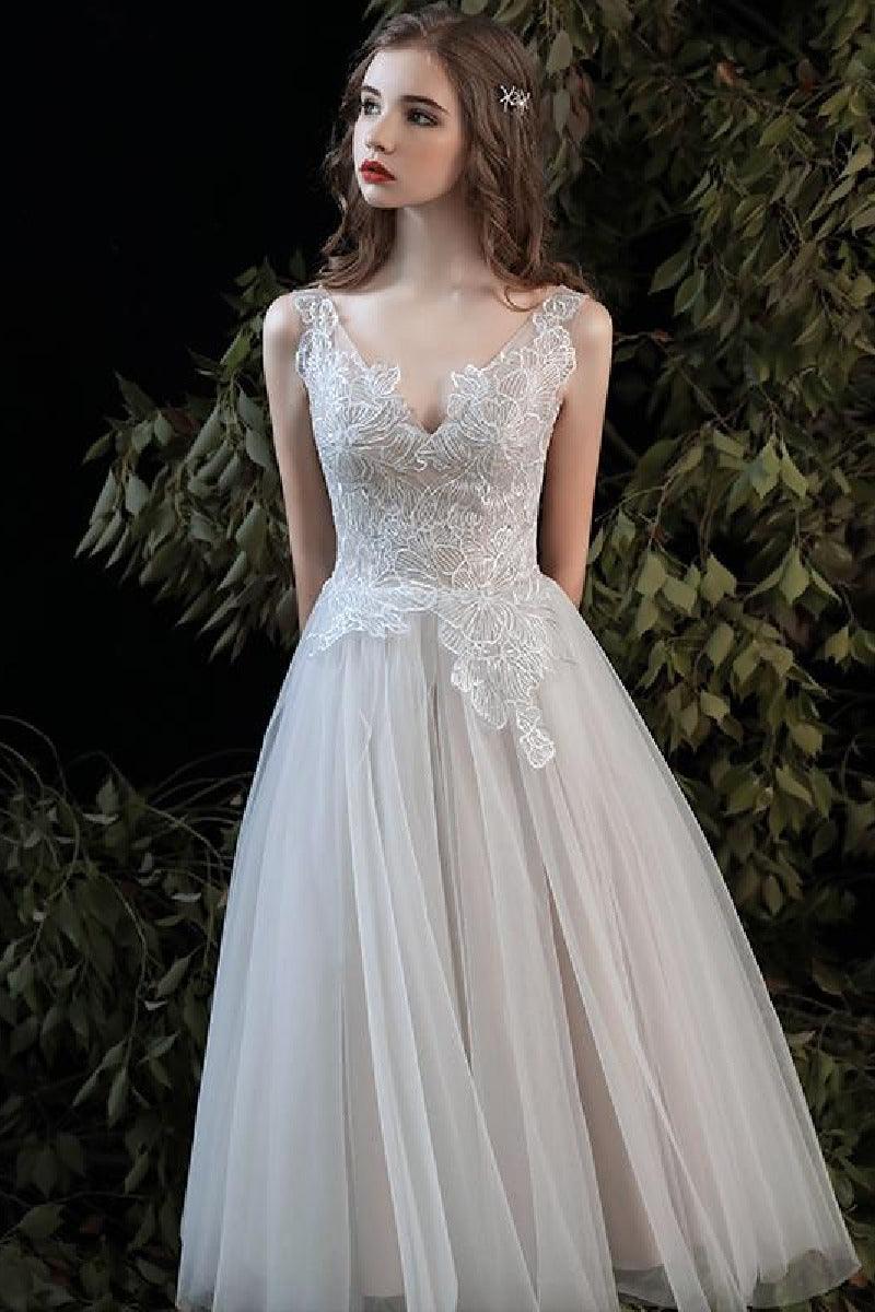 A-Line Tea Length Lace Tulle Wedding Dress 679197245061 - COCOMELODY