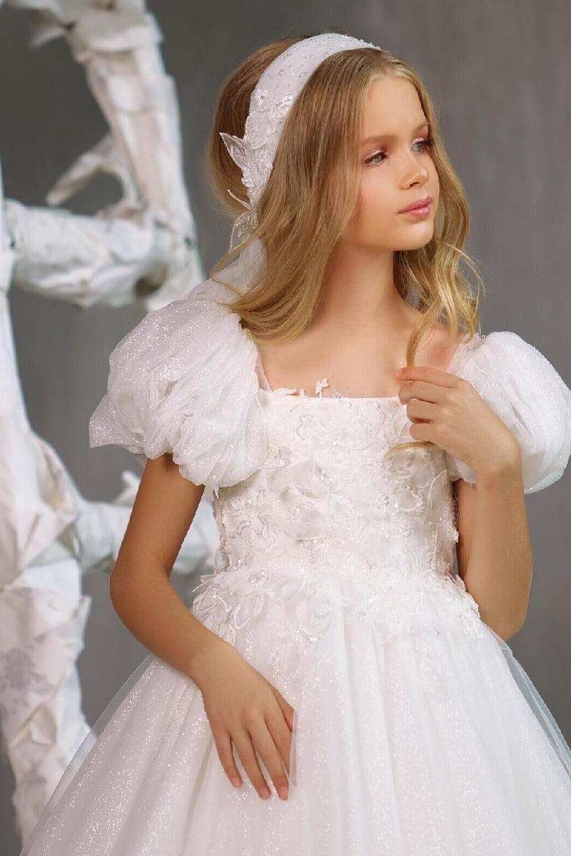 A-Line Square Neck Puff Sleeves Tulle Flower Girl Dresses 748560176475