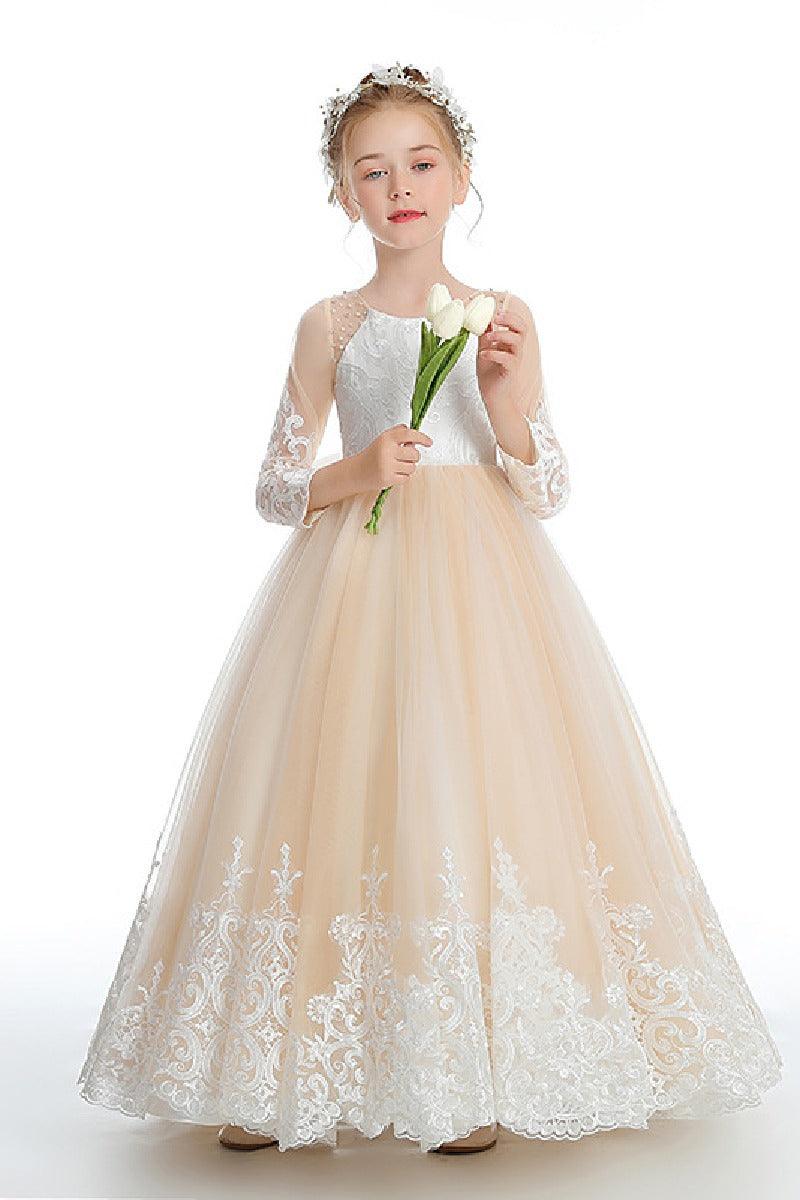 Ball-Gown/Princess Lace Tulle Sweep Floor Length Flower Girl Dresses Pageant Dresses With Bow 760441981255 - COCOMELODY