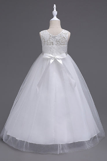 A-Line Round Neck Sleeveless Floral Lace Floor Length Tulle Flower Girl Dresses 1030687853202