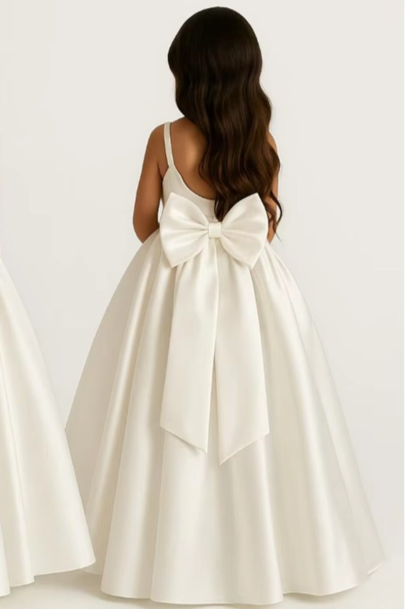 A-Line Scoop Neck Thin Strap Satin Gown Back Bow Flower Girl Dresses 1059110372999