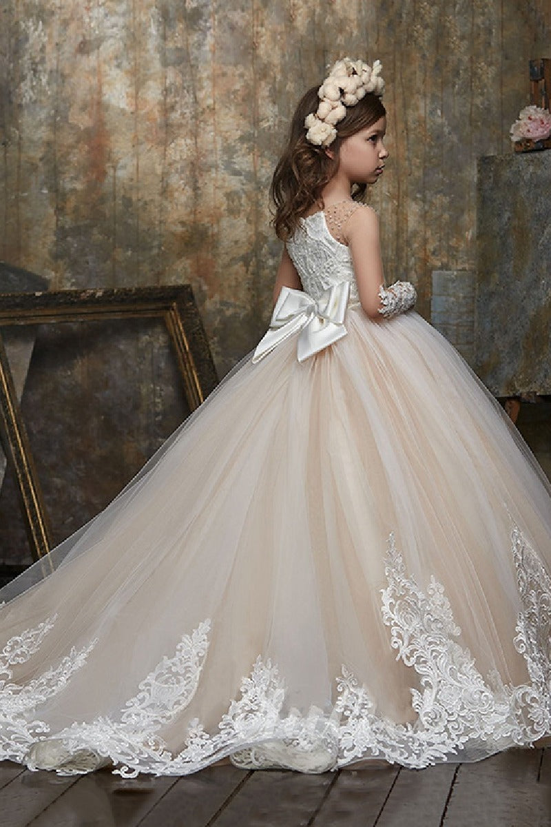 A-Line Long Sleeve Beaded Illusion Sweep-Brush Train Flower Girl Dresses 683689356211