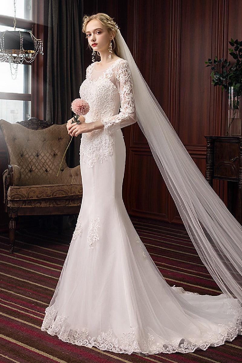 Trumpet-Mermaid Sweep-Brush Train Lace Tulle Wedding Dress 605503223960 - COCOMELODY