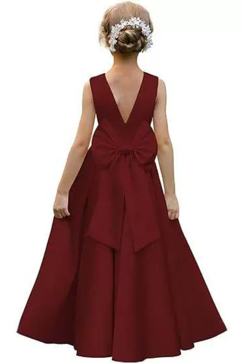 Elegant Satin Pearl Waist Pleated Skirt Bow Back Flower Girl Dresses 807252665221