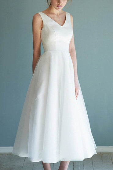 A-Line Tea Length Satin Tulle Little White Dress 615670129941 - COCOMELODY