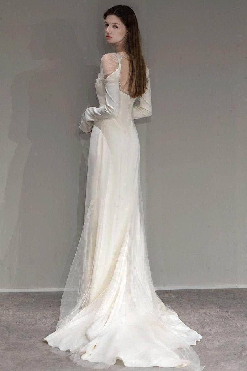 A-Line Sweep-Brush Train Satin Wedding Dress 743493384317 - COCOMELODY