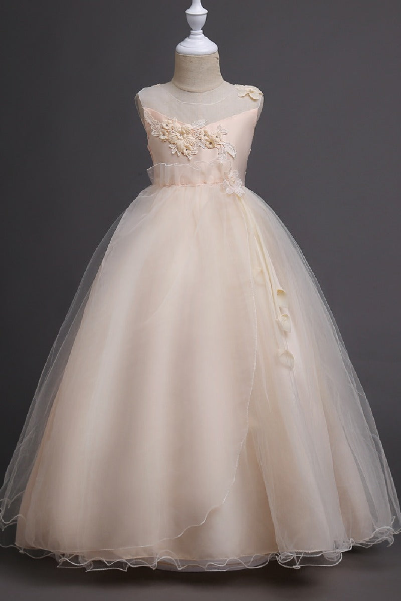 A-Line Illusion Neck Appliques Floor Length Tulle Flower Girl Dresses 1031510840050