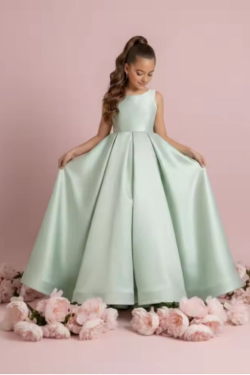Satin V-Back Large Bow Sweep-Brush Train Wedding Gown Flower Girl Dresses 1057873354822