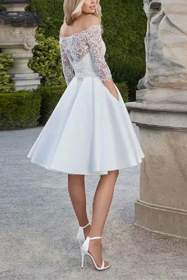 A-Line Knee Length Lace Satin Little White Dress 100055 - COCOMELODY