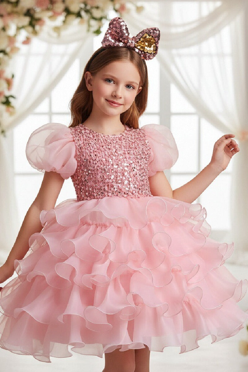 Princess Round Neck Puff Sleeve Sequin Ruffled Organza Knee Length Flower Girl Dresses 1029252510739