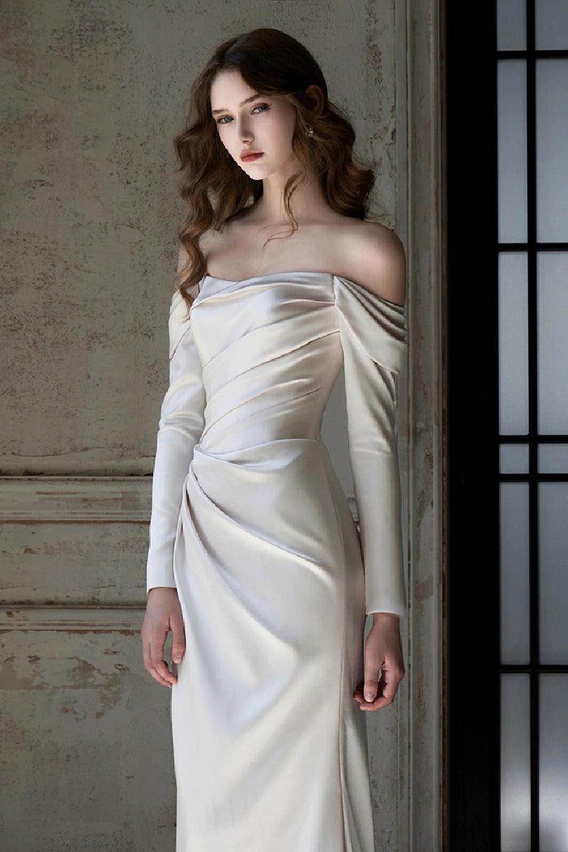 satin sheath wedding dress Sheath-Column Sweep-Brush Train Satin Wedding Dress COCOMELODY 851237427674, 15 Days / Ivory / US22-UK24-EUR52