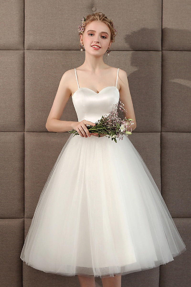A-Line Tea Length Satin Tulle Wedding Dress 773541090129