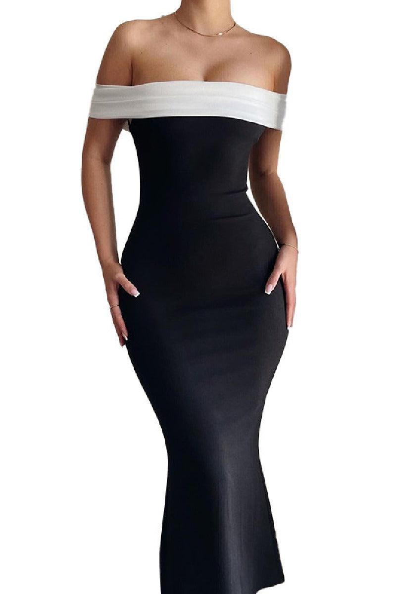 Color contrast casual one-shoulder cocktail dress 771953202492 - COCOMELODY