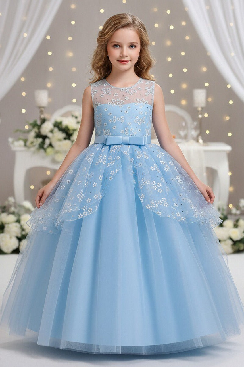 A-Line Illusion Neck Sleeveless Floor Length Tulle Flower Girl Dresses 1029774082419