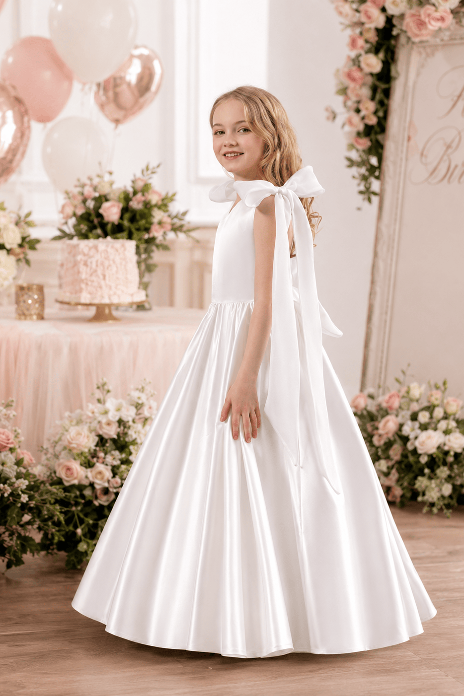 A-Line Satin Bow Shoulder Straps Sleeveless Flower Girl Dresses 955761680626