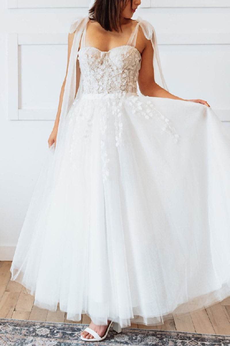 A-Line Ankle Length Lace Tulle Little White Dress 100007 - COCOMELODY