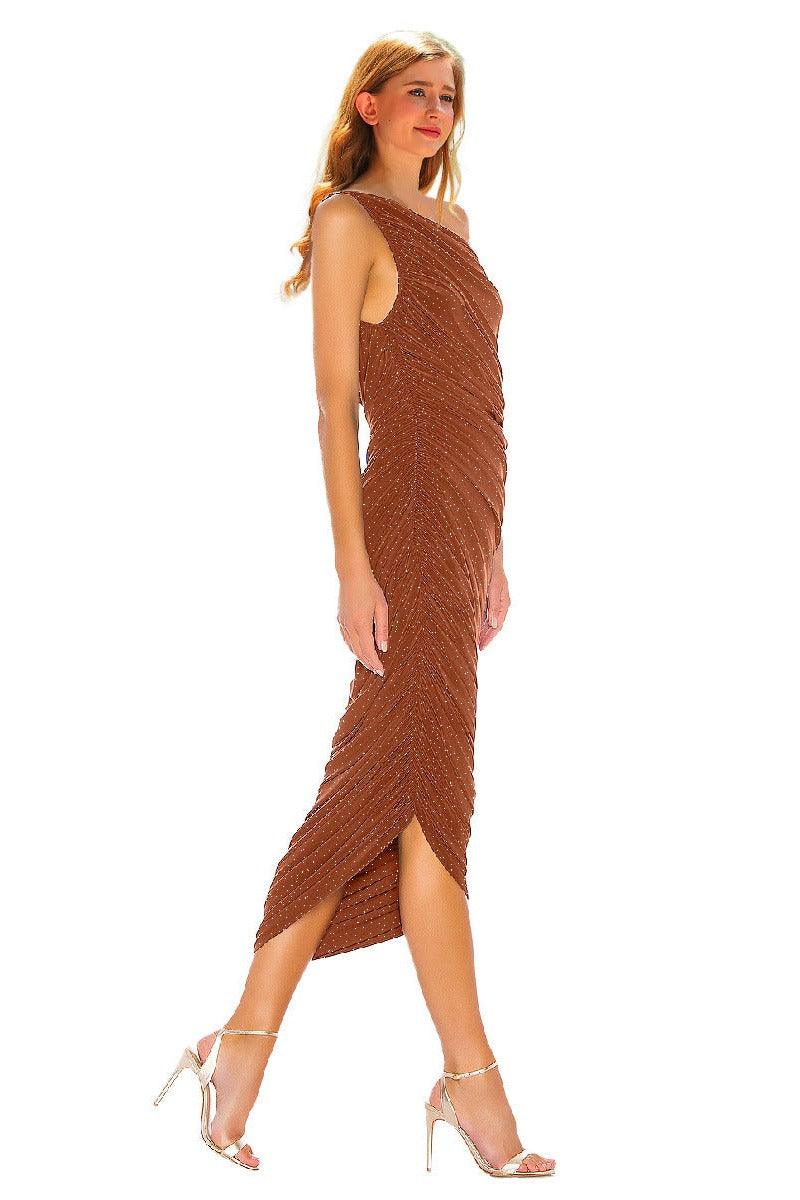 Silver wire pleated oblique shoulder cocktail dress 752479154321 - COCOMELODY