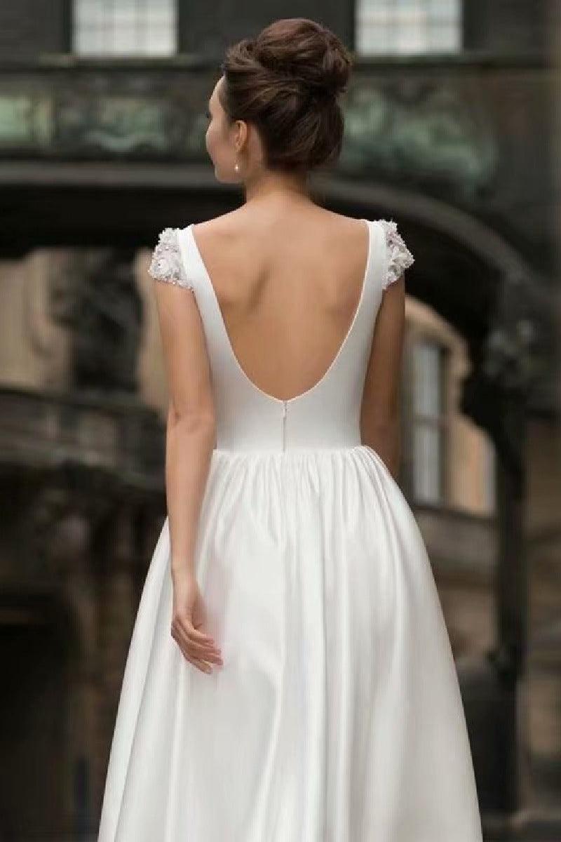 A-Line Tea Length Satin Wedding Dress 638933696642 - COCOMELODY