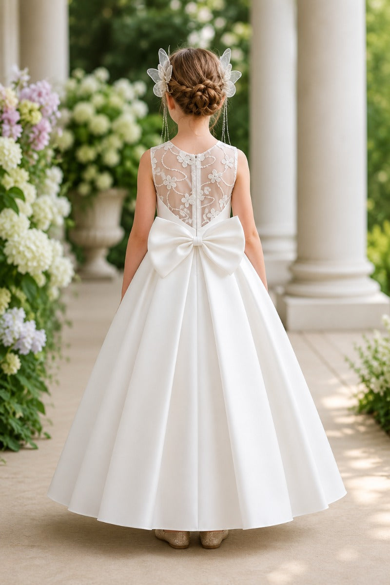Luxury Satin Illusion Floral Mesh Back Bow Flower Girl Dresses 1042041646357