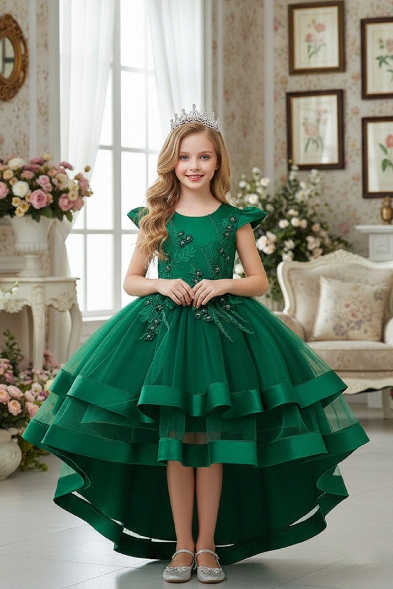 Princess Cap Sleeve High-Low Tulle Satin Ribbon Trim Flower Girl Dresses 1029094443108