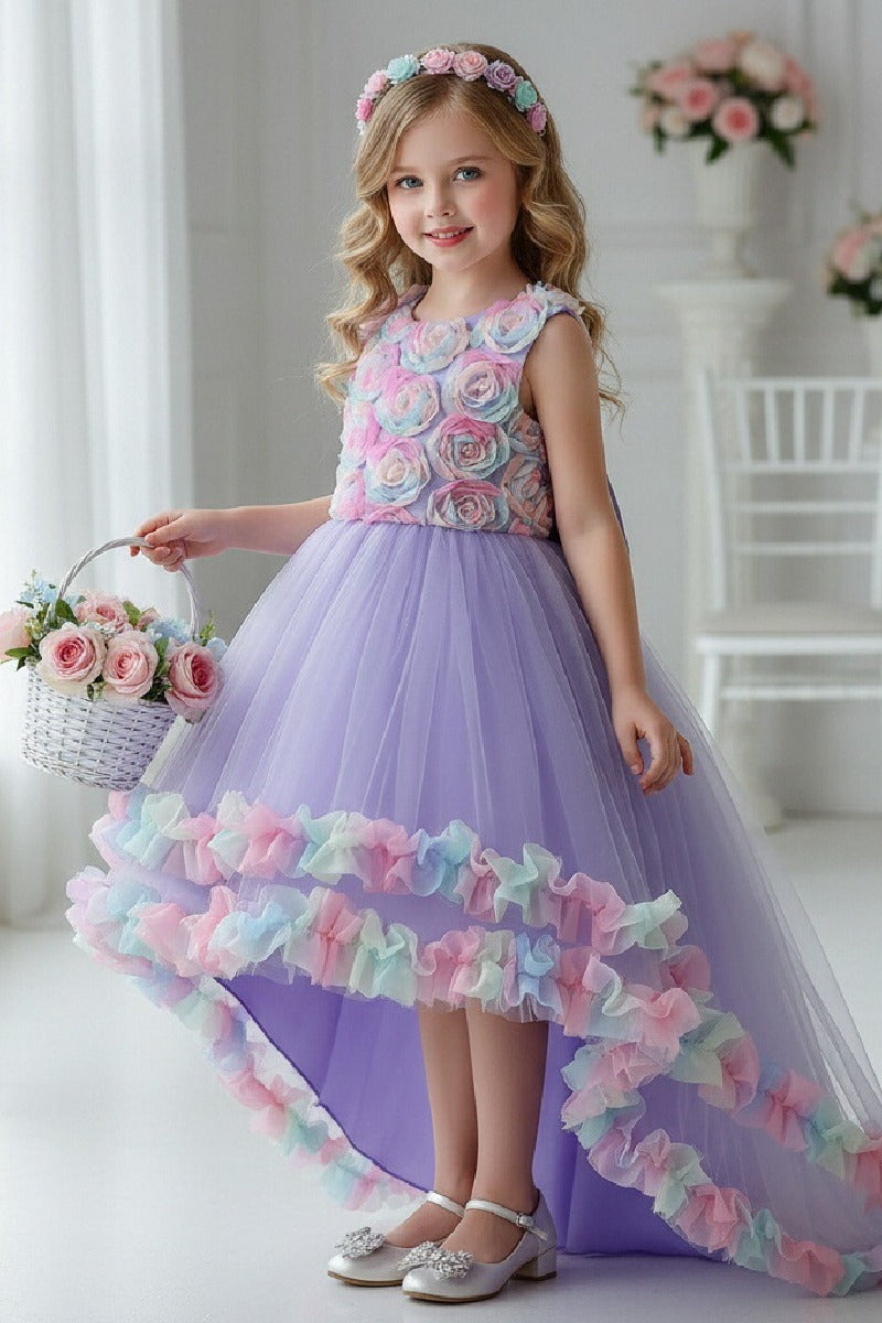 High-Low Sleeveless Tulle Rainbow Ruffle Hem Flower Girl Dresses 1029257838364