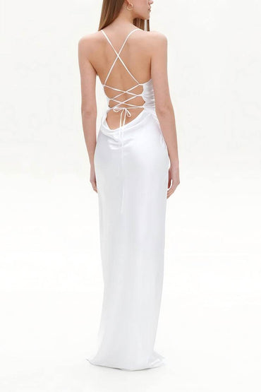 Sheath-Column Sweep-Brush Train Silk-Like Little White Dress 100044 - COCOMELODY