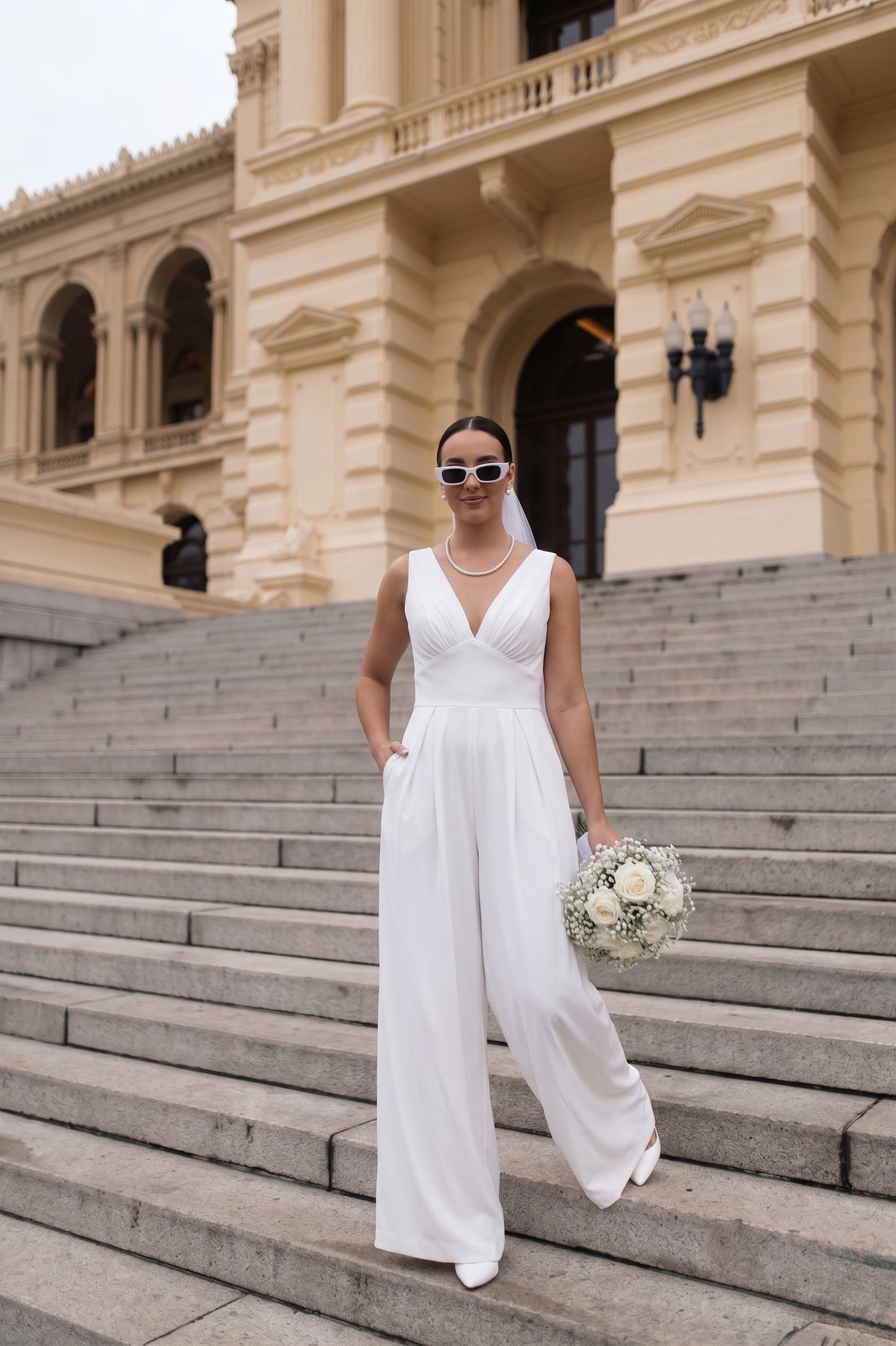 V-Neck Floor Length Chiffon Wedding Jumpsuit 916220687859