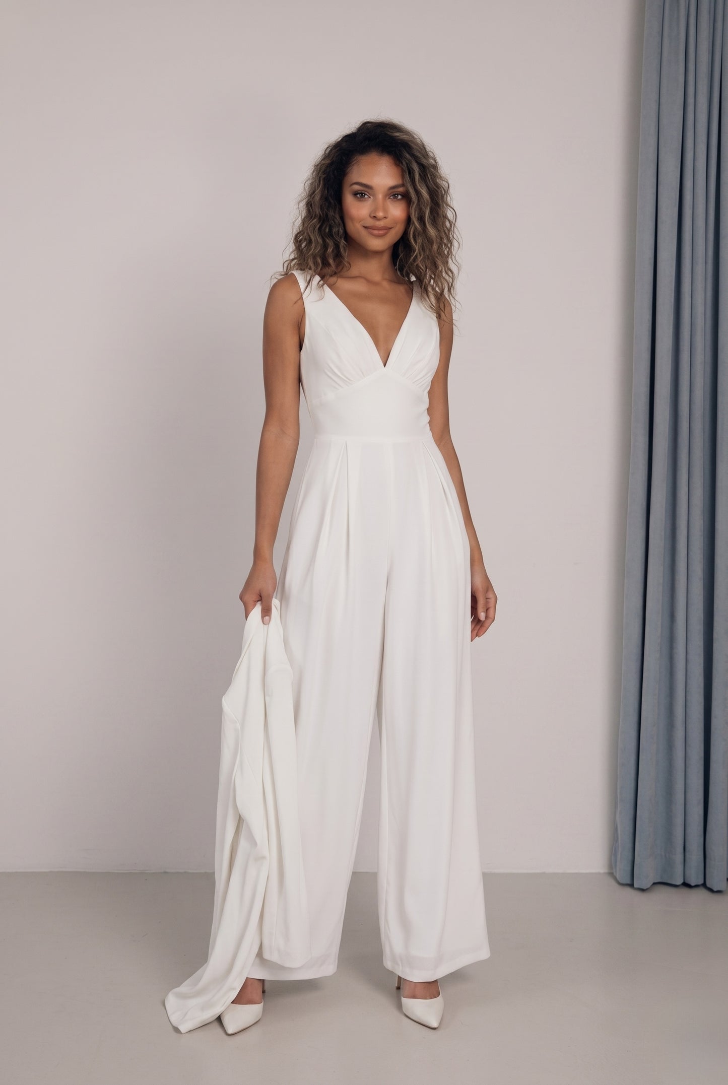 V-Neck Floor Length Chiffon Wedding Jumpsuit 916220687859