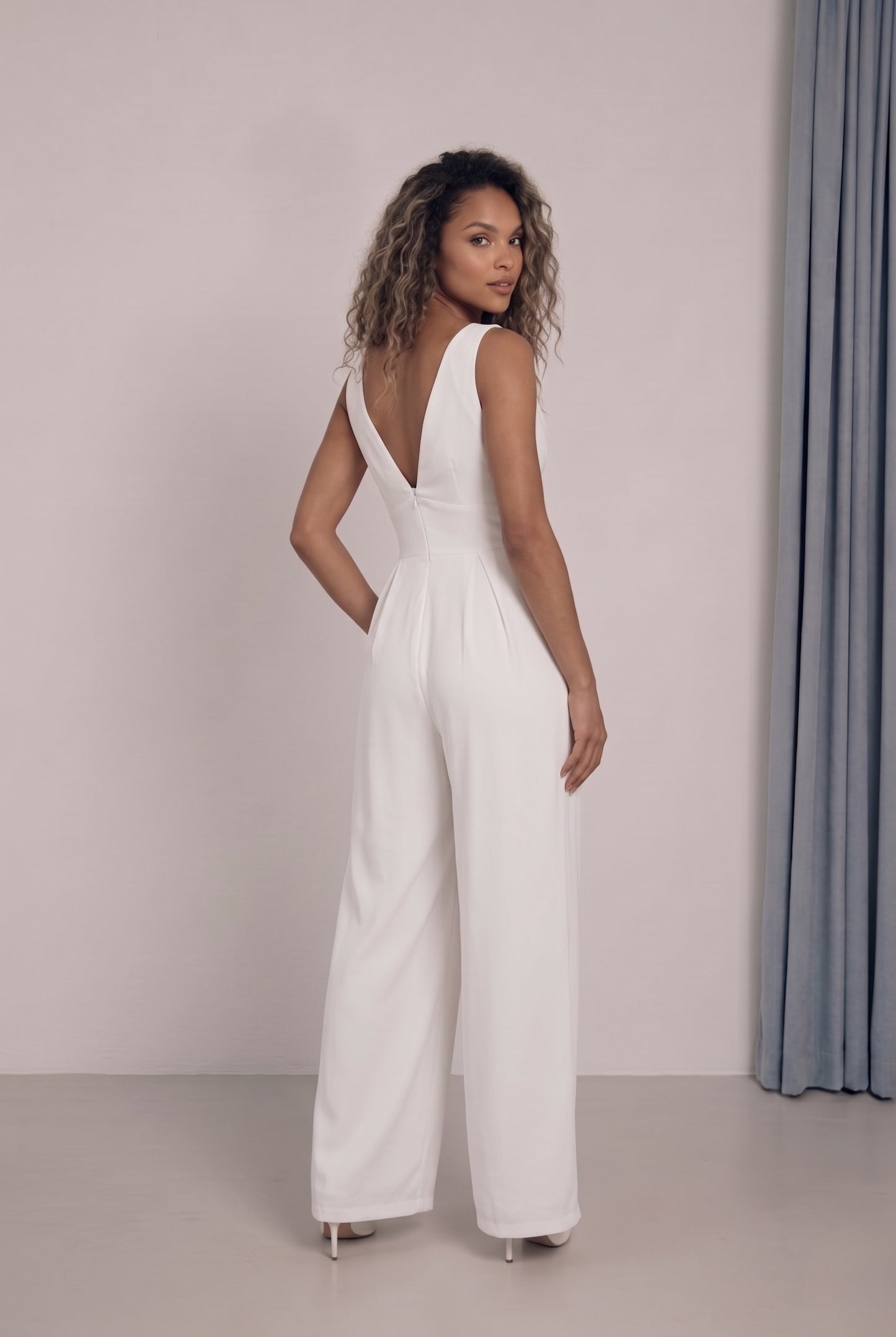 V-Neck Floor Length Chiffon Wedding Jumpsuit 916220687859