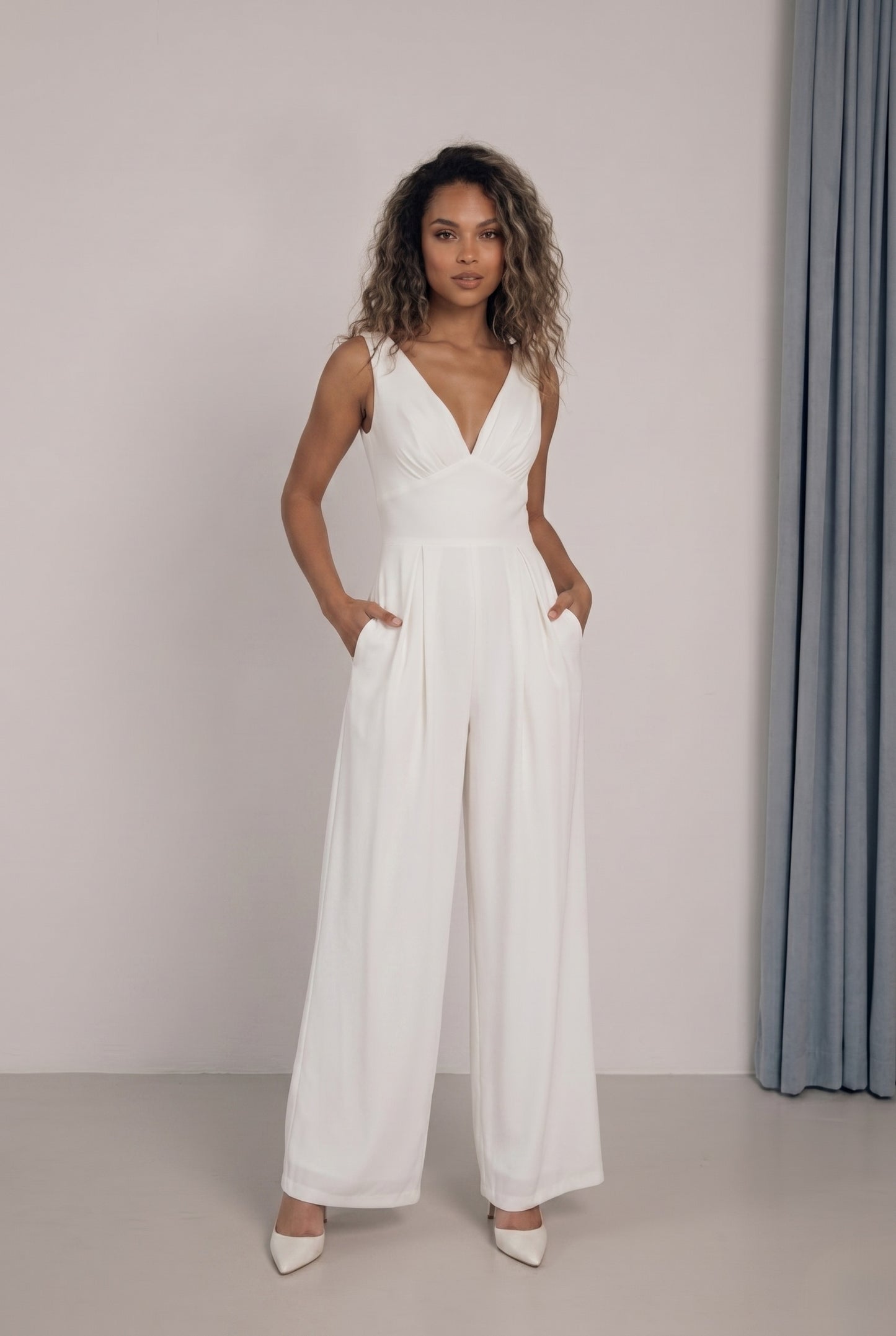 V-Neck Floor Length Chiffon Wedding Jumpsuit 916220687859