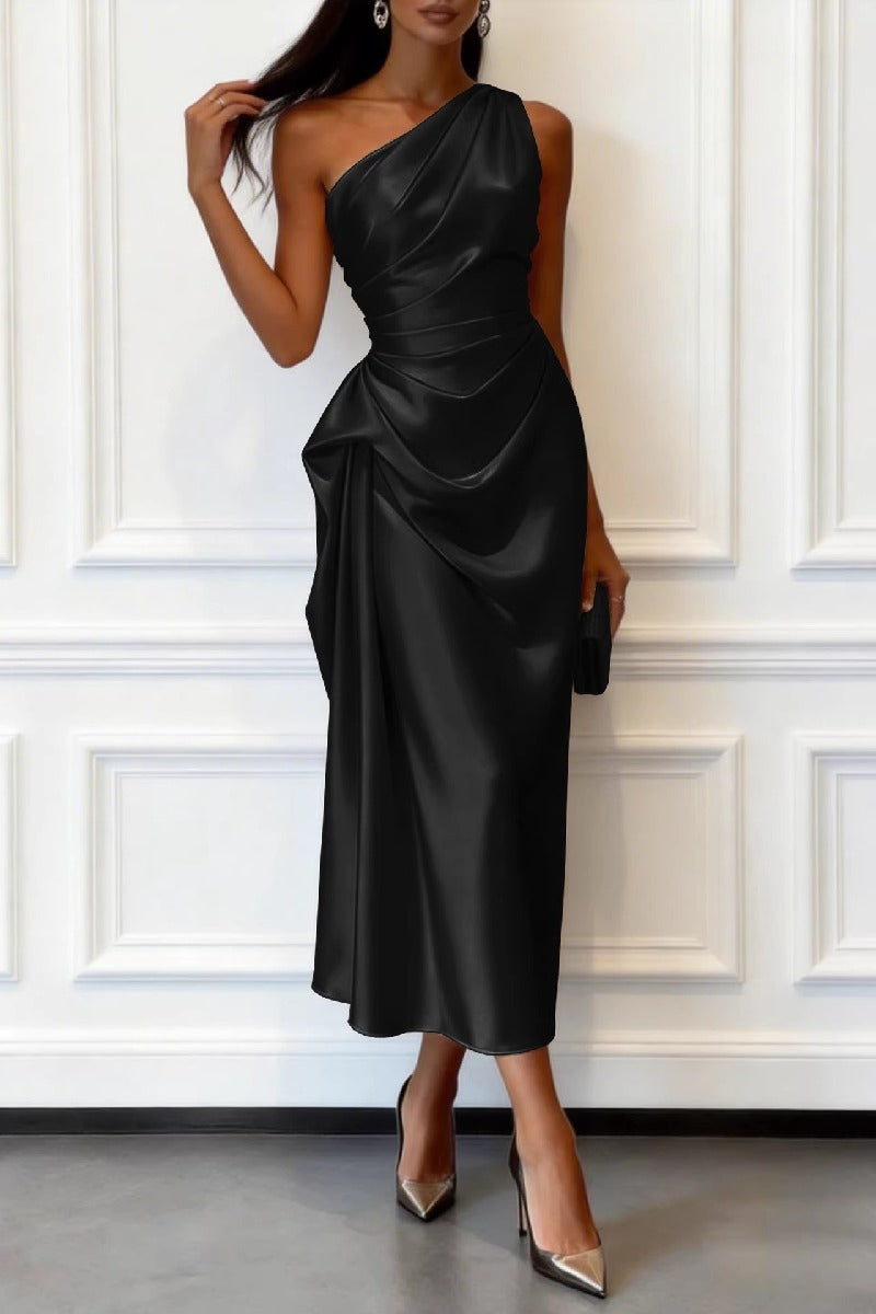 Trumpet-Mermaid Tea Length Satin Wedding Guest Dress 1033914017182