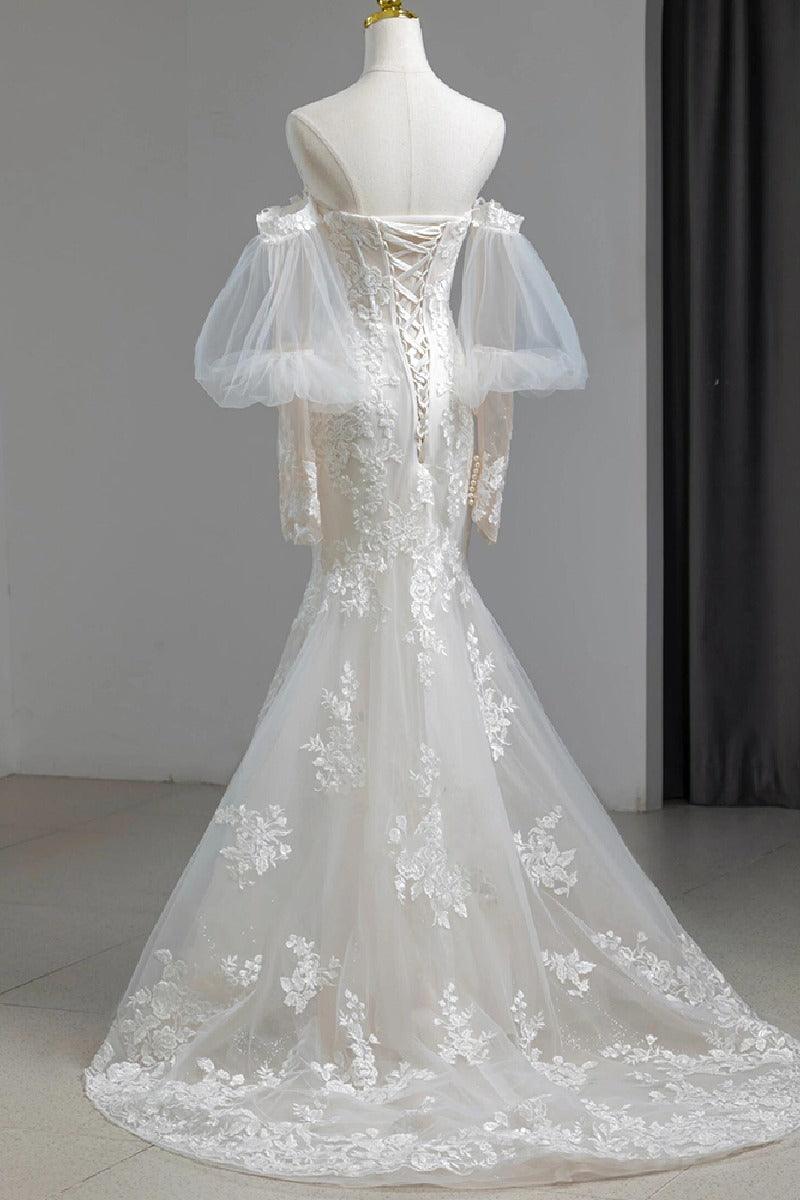 Trumpet-Mermaid Sweep-Brush Train Lace Tulle Wedding Dress795300012049 - COCOMELODY